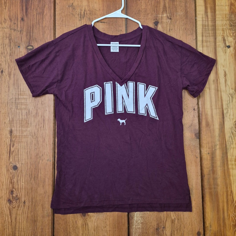 Victoria's Secret PINK V-Neck T-Shirt Burgundy Glitter Logo Size Small